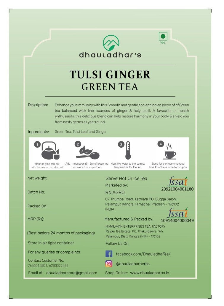 Dhauladhar's Tulsi Ginger Green Tea, a product of Kangra Tea gardens, fresh & natural, no artificial Flavour