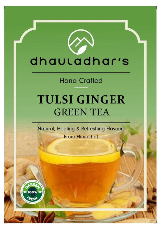 Dhauladhar's Tulsi Ginger Green Tea, a product of Kangra Tea gardens, fresh & natural, no artificial Flavour